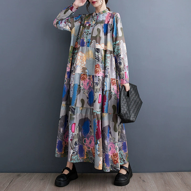 【ワンピース】春 秋 冬 プリント ルーズ ミディ丈 ワンピース 【SHシリーズ】