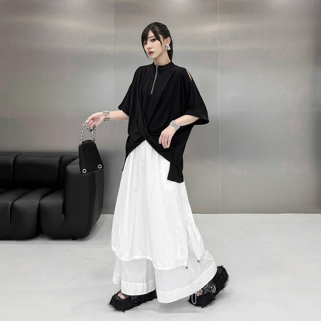 【トップス】モード系 ジップデザインTシャツ レディース 夏 半袖 アシンメトリー 裾デザイン ゆったり【AHシリーズ】