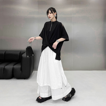 【トップス】モード系 ジップデザインTシャツ レディース 夏 半袖 アシンメトリー 裾デザイン ゆったり【AHシリーズ】