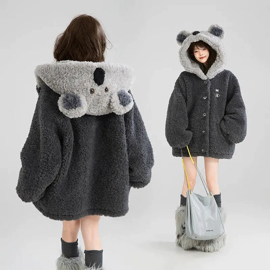 L~4XL【アウター】可愛いくま フード付き ボアコート レディース 冬 もこもこ 厚手 大きいサイズ【FCシリーズ】