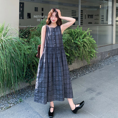 【ワンピース】韓国風 チェック柄 レディース 夏 ノースリーブ ロングワンピース 細見え 大人可愛い【JZシリーズ】