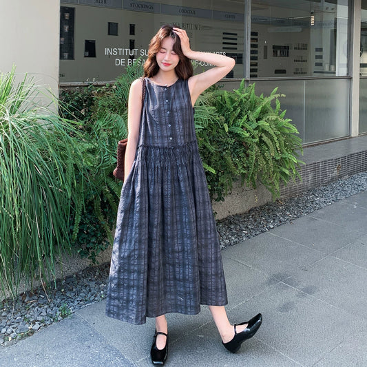 【ワンピース】韓国風 チェック柄 レディース 夏 ノースリーブ ロングワンピース 細見え 大人可愛い【JZシリーズ】
