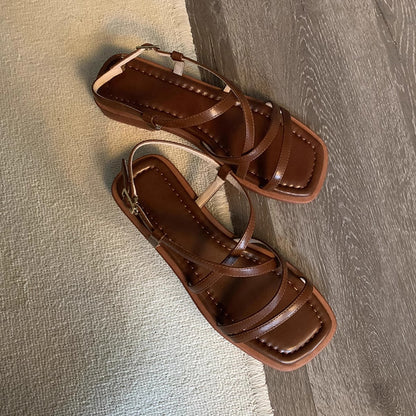 【シューズ】フレンチヴィンテージ クロスストラップ スクエアトゥサンダル 太ヒール ローマ風 新作