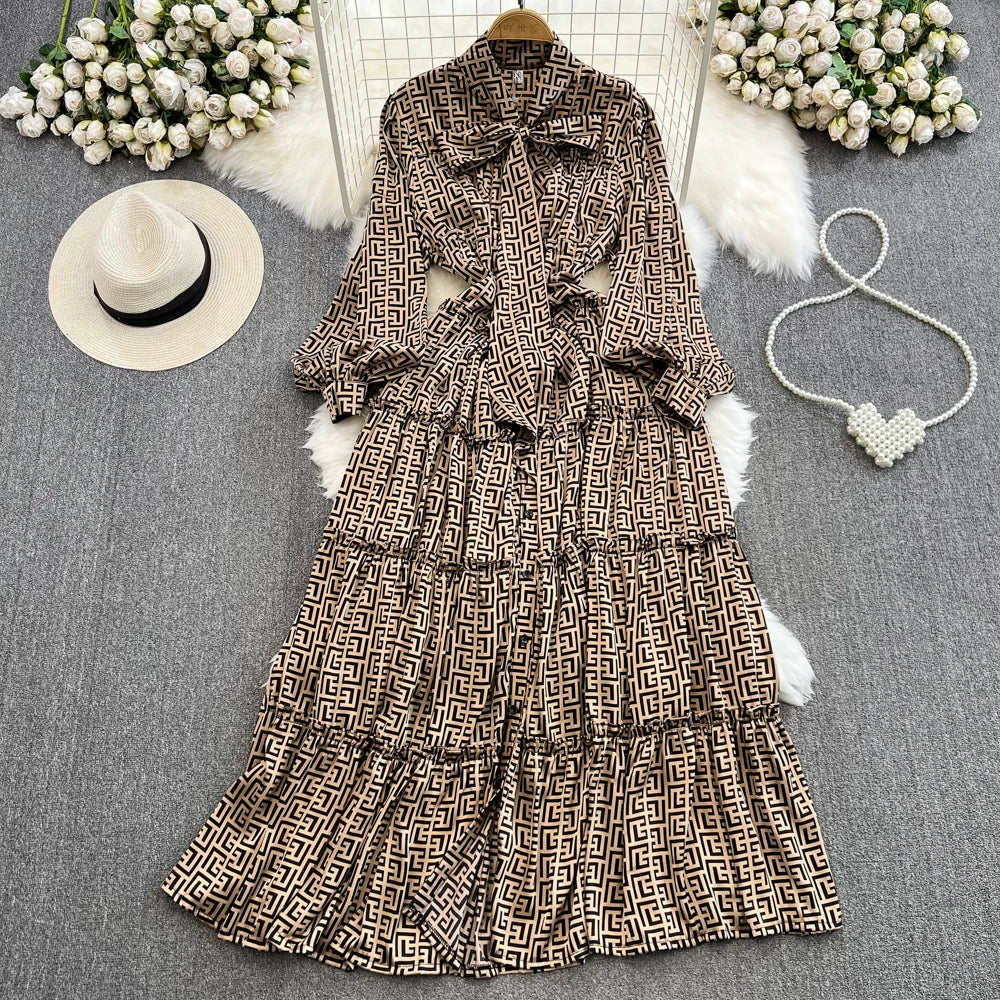 【ワンピース】シングルボタン プリント レディライク フレア 長袖 ワンピース 【SHシリーズ】