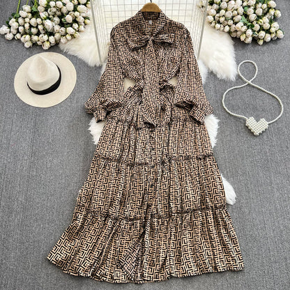 【ワンピース】シングルボタン プリント レディライク フレア 長袖 ワンピース 【SHシリーズ】