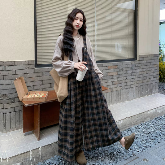 【セットアップ】カジュアル ゆったり 着痩せ チェック ワイド シャツ+サロペットパンツ 2点セット【JZシリーズ】