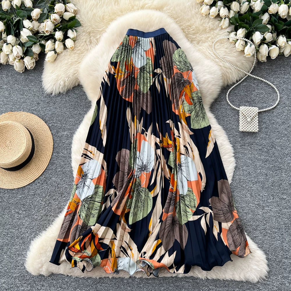 期間限定🍂60%OFF【ボトムス】レトロプリントプリーツAラインロングスカート レディース 夏新作 ハイウエスト ウエストゴム 落ち感 フレア 通勤【SHシリーズ】