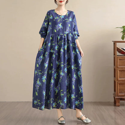 【ワンピース】アンティーク風 花柄 長袖 ロング ゆったり レーストリム ワンピース【SHシリーズ】