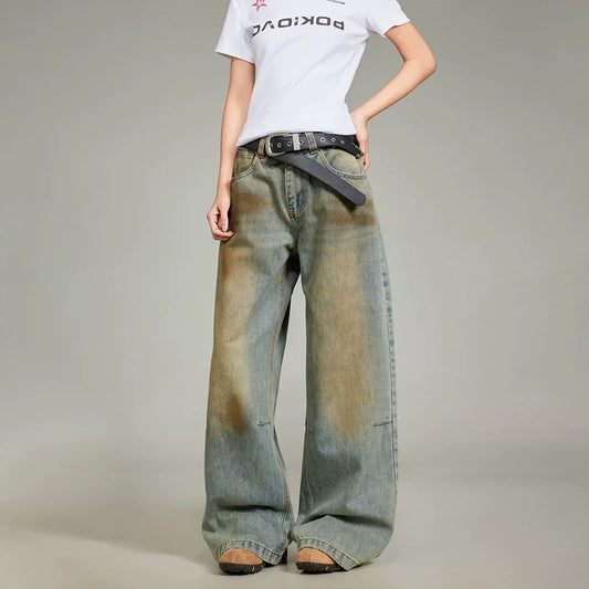 【ボトムス】ウォッシュ加工 ペイントデザイン ストレート デニムパンツ 男女兼用 アメリカンヴィンテージ【FCシリーズ】