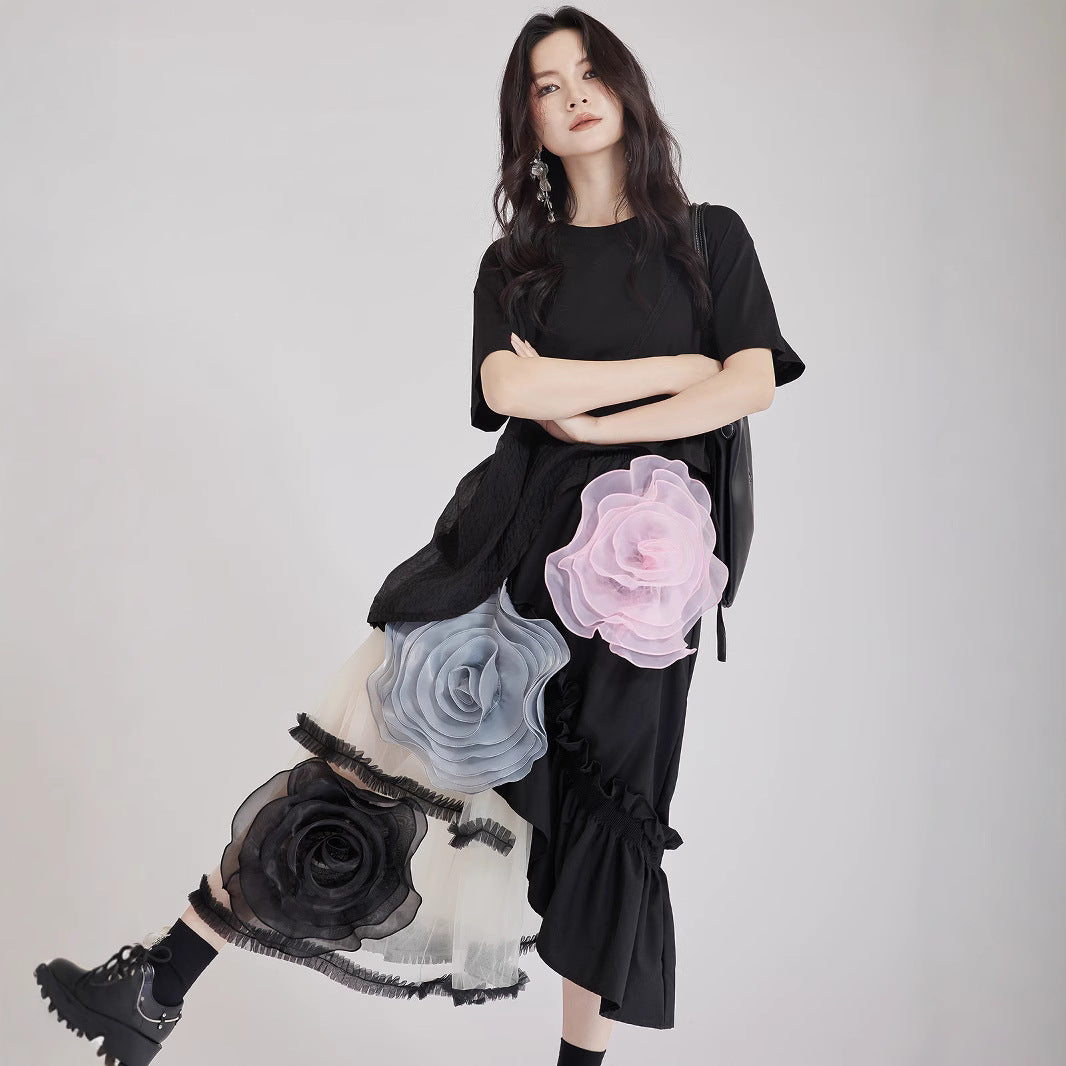 【ボトムス】春 秋 夏 ふんわり 不規則 切り替え 大きなローズ スカート 【AHシリーズ】