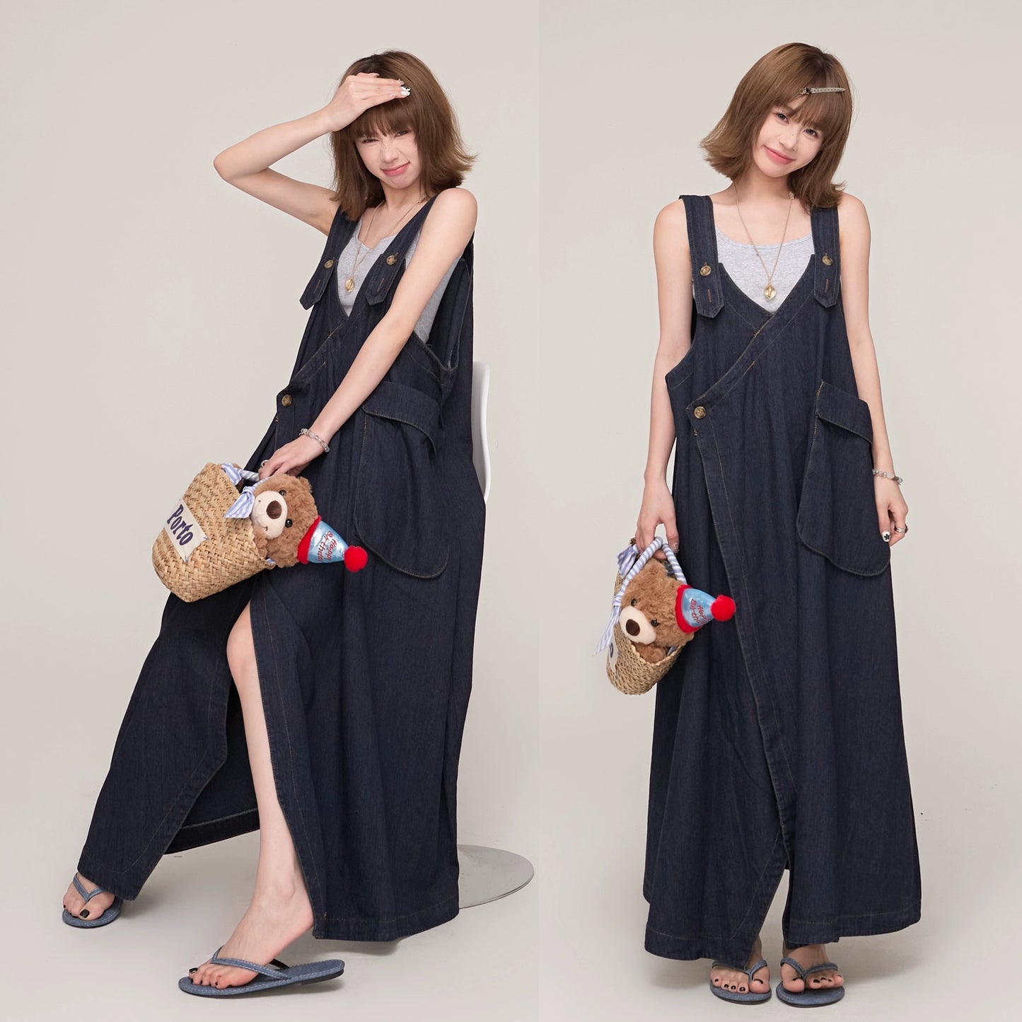 【ワンピース】夏 トレンド感漂う レトロデニム Vネック ノースリーブサロペットワンピース ゆったりシルエット 着痩せ効果【AHシリーズ】