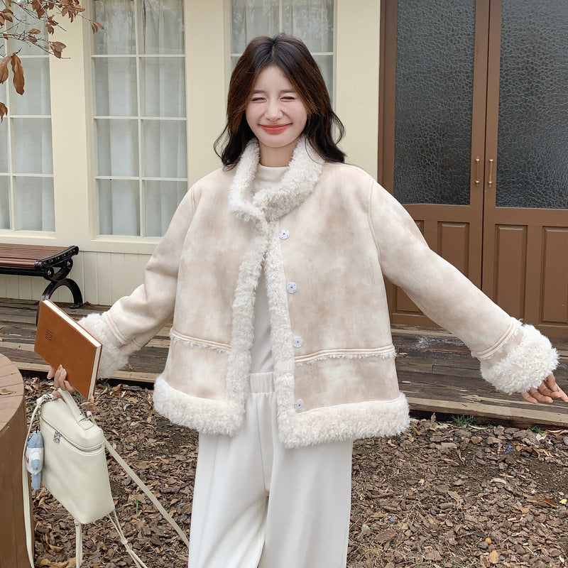 【アウター】冬 レディース 蓮ピンク タイダイ柄 フェイクムートン ボアジャケット ハイネック 小柄向け 韓国風コート【JZシリーズ】