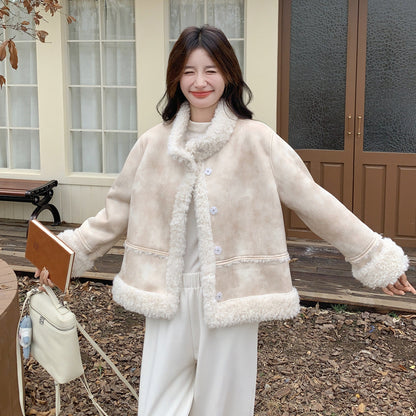 【アウター】冬 レディース 蓮ピンク タイダイ柄 フェイクムートン ボアジャケット ハイネック 小柄向け 韓国風コート【JZシリーズ】