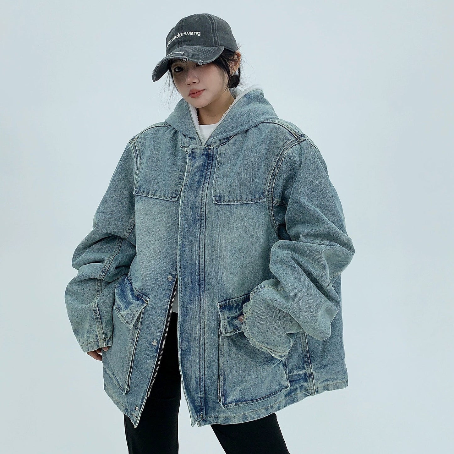 【アウター】韓国系 ヘビーウェイト ニッチ ダメージ加工 デニム ゆったり 綿入れコート【FCシリーズ】