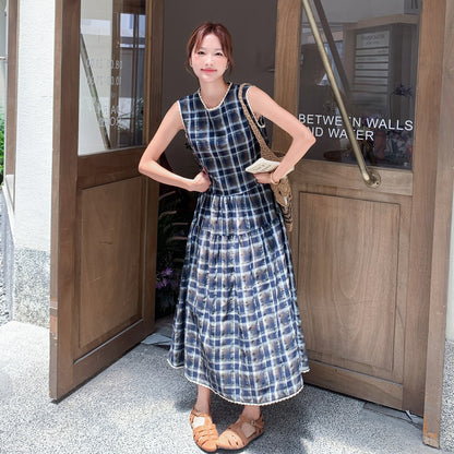 【ワンピース】フレンチリラックス感 カジュアルで細見え 気質 レトロチェック ノースリーブワンピース【SHシリーズ】