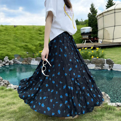 【ボトムス】花柄 韓国風 フラワープリント プリーツロングスカート レディース 夏 ハイウエスト ゆったり 上品 大人可愛い【SHシリーズ】