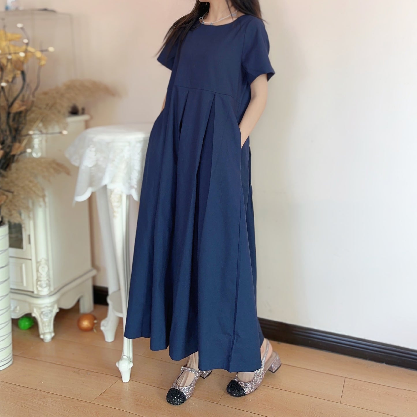 [洋裝] 透氣夏季圓領短袖連身裙