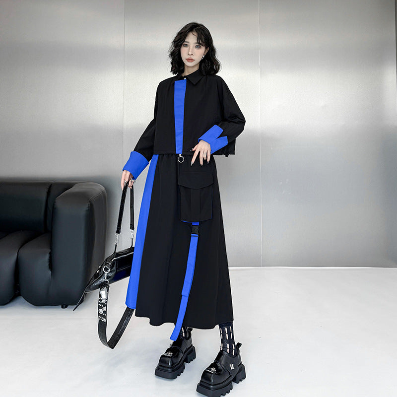 2点セット！【セットアップ】モードデザイン 配色切替 ショートトップス＋ウエストゴム スカート 上下セット レディース 春秋【AHシリーズ】