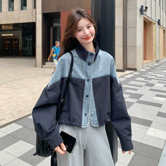 【アウター】おしゃれジャケット 欧米風 秋新作 カラー切替 ハイカラー ゆったりデニムジャケット レディース【JZシリーズ】