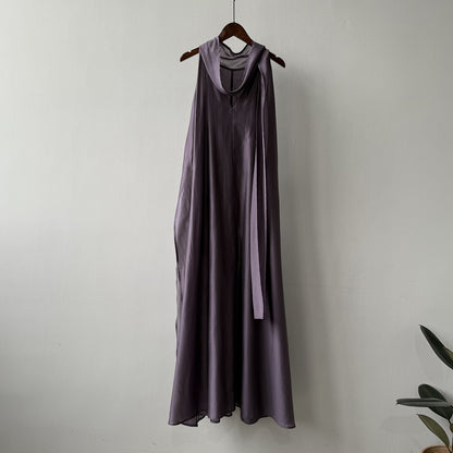 👉 翌日発送⚡在庫限り！【ワンピース】夏新作 フレンチエレガンス テンセル素材 リボンタイ ネックホルター ゆったり ノースリーブワンピース【JZシリーズ】