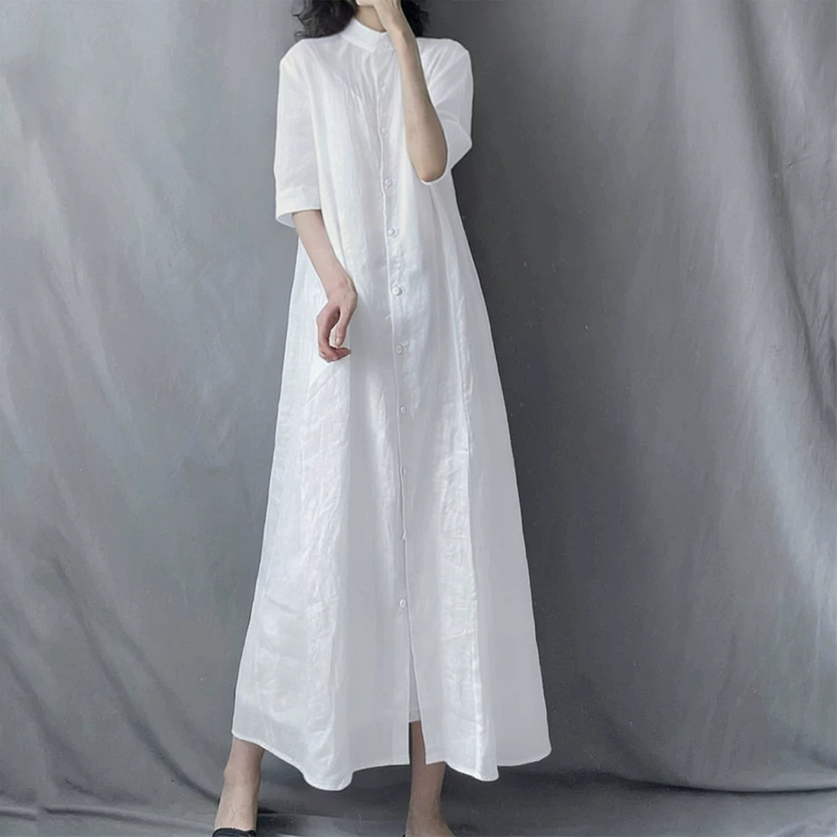【ワンピース】シャツワンピース レディース 春夏 襟付き ロングワンピース 半袖 ゆったりシルエット【JZシリーズ】