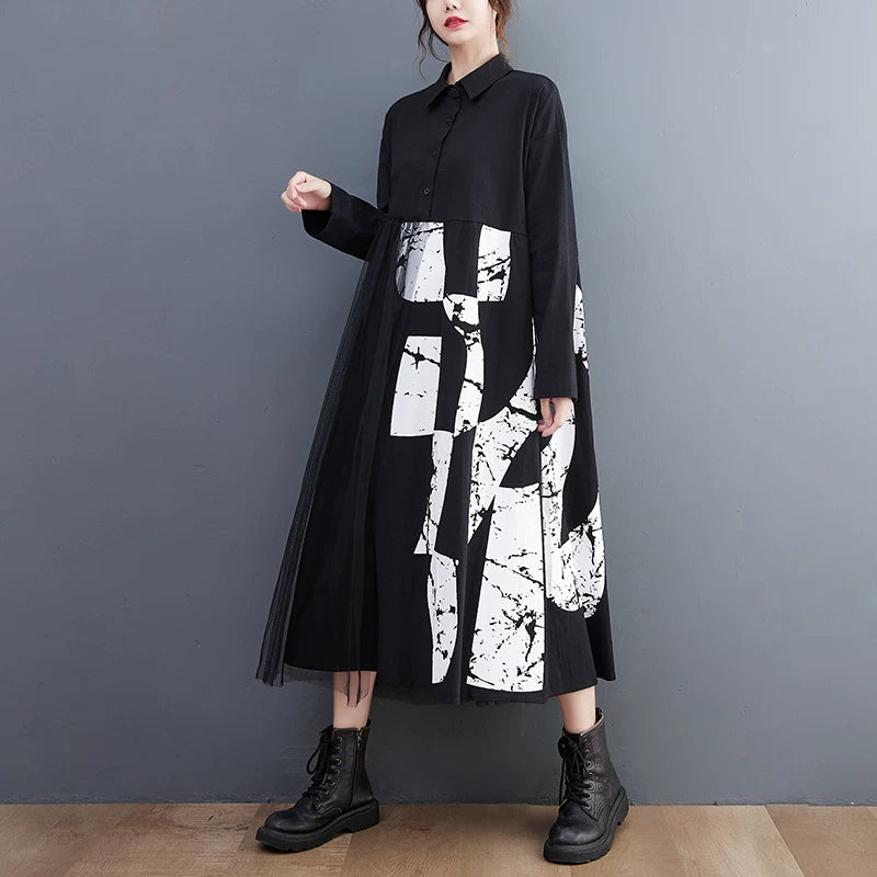 【ワンピース】ゆったり 大きいサイズ チュール切替 ミディ丈ワンピース 文芸レトロ 長袖 レディース レイヤード風 ロングドレス【SHシリーズ】