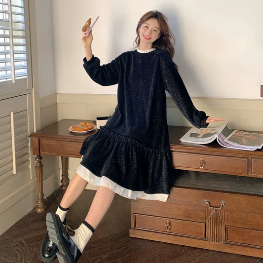 【ワンピース】春 秋 冬 デザイン性 ベルベット フリル 着痩せ 長袖ワンピース【JZシリーズ】