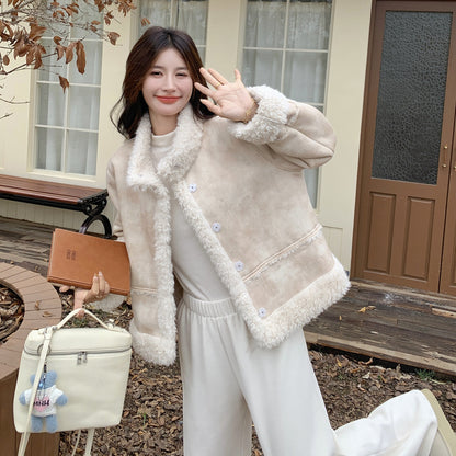 【アウター】冬 レディース 蓮ピンク タイダイ柄 フェイクムートン ボアジャケット ハイネック 小柄向け 韓国風コート【JZシリーズ】