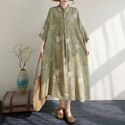 7カラー【ワンピース】気質 文芸風 レトロ コットンリネン 花柄 立襟 ゆったり 超ロング 大きいサイズ レディース 長袖リゾートワンピース【SHシリーズ】