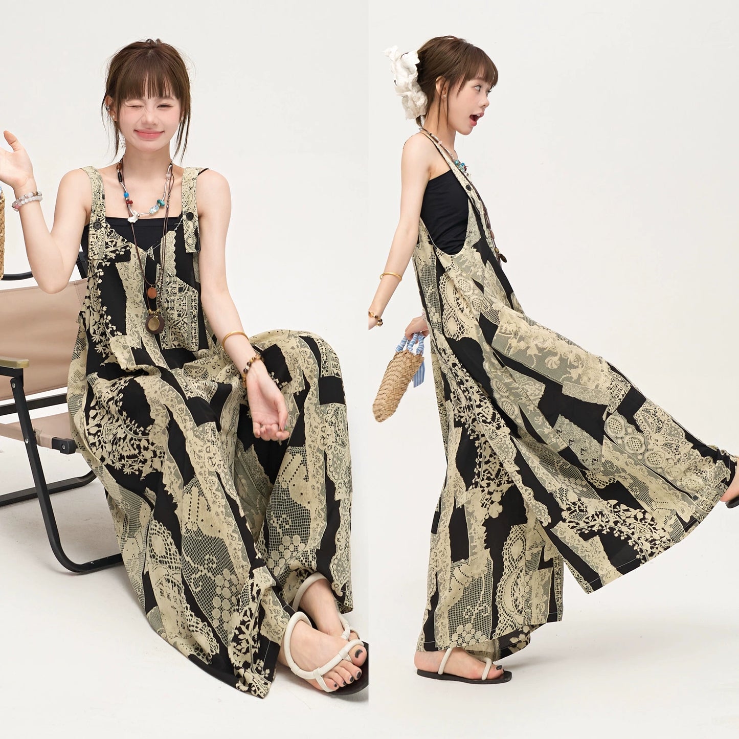 【ボトムス】ゆったりラフ感 オーバーサイズ サロペット 夏新作 アート水墨プリント ワイドパンツオールインワン【SHシリーズ】