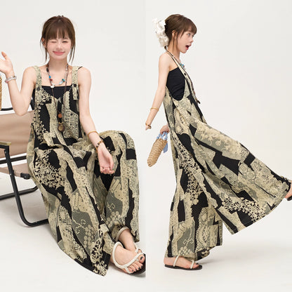 【ボトムス】ゆったりラフ感 オーバーサイズ サロペット 夏新作 アート水墨プリント ワイドパンツオールインワン【SHシリーズ】