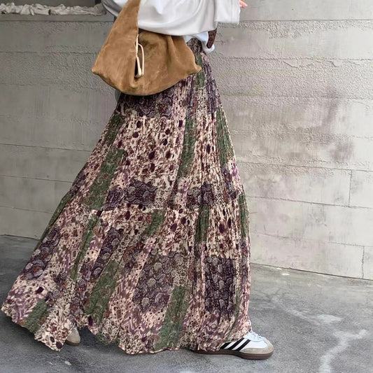【ボトムス】ヴィンテージ 配色フ レディース 韓国風 ゆったりハイウエストAライン ロングスカート トレンド【SHシリーズ】