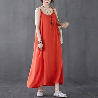 【ワンピース】夏新作 文芸系シンプル 無地キャミソールワンピース ゆったりロング丈 インナーとしても活躍