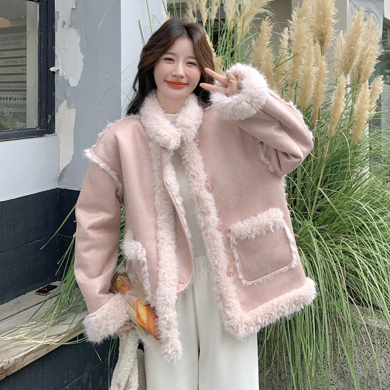 【アウター】甘め フェイクムートン厚手保温アウター 2025冬 若見え 防風 ハイネック ボアトップス レディース【JZシリーズ】