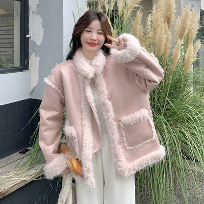 【アウター】甘め フェイクムートン厚手保温アウター 2025冬 若見え 防風 ハイネック ボアトップス レディース【JZシリーズ】