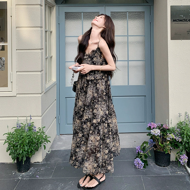 【ワンピース】ビーチリゾート風 温かみフラワー ノースリーブキャミソールワンピース【SHシリーズ】