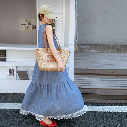 【ワンピース】ユニーク 優しげ 可愛い レース 切り替え ノースリーブ キャミソール ワンピース レディース 夏 フレンチ 気質 若見え マキシ丈【JZシリーズ】