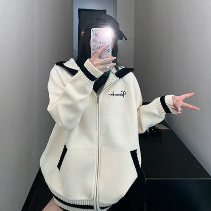 【アウター】春 秋 冬 刺繍 厚手 フード付き ファスナー付き  ニット ジャケット【FCシリーズ】