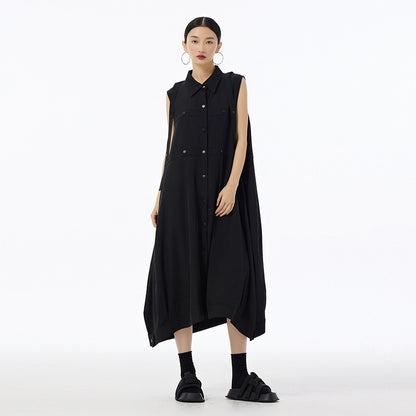 【ワンピース】ワンピース 夏 ノースリーブ ボタン付き ロング丈 ゆったり 体型カバー 細見え 落ち感 上品 カジュアル 日系ファッション【AHシリーズ】