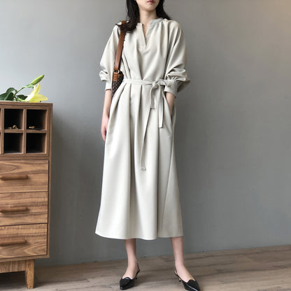 【24AW】【ワンピース】Vネック ゆったり 上品  ロング 長袖ワンピース 【JZシリーズ】