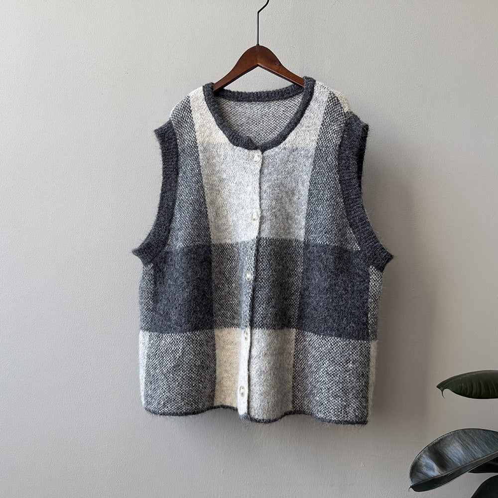 【トップス】レトロ 配色 チェック ニット ベスト レディース 秋 ゆったり クルーネック セーター【JZシリーズ】