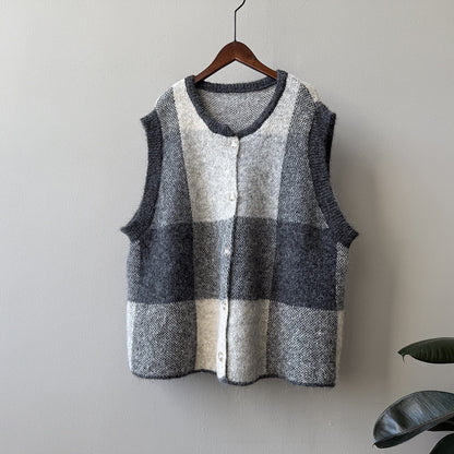 【トップス】レトロ 配色 チェック ニット ベスト レディース 秋 ゆったり クルーネック セーター【JZシリーズ】