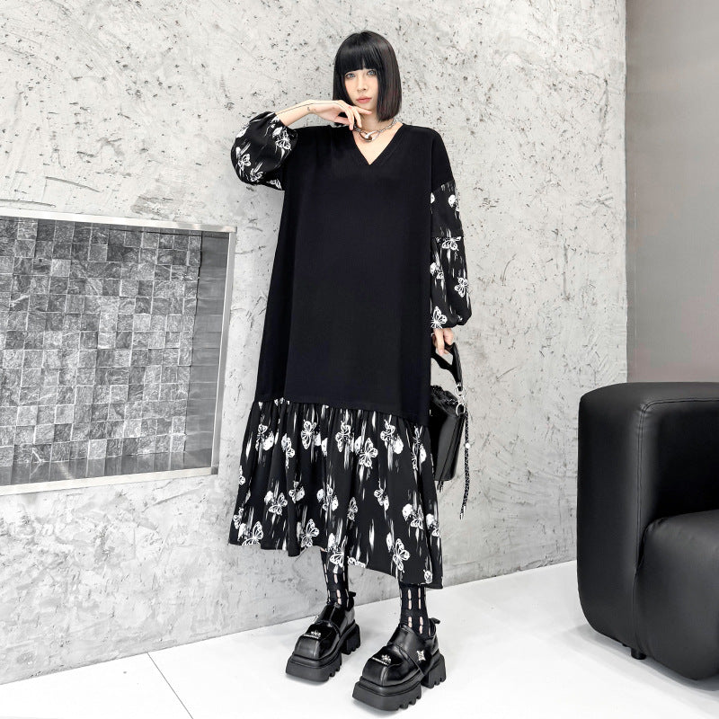 【ワンピース】おしゃれ フェイクレイヤード 切り替えVネックニット 長袖ワンピース ゆったりデザイン Aライン【AHシリーズ】