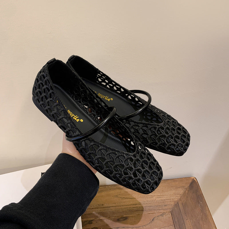 【シューズ】編み込みデザイン スクエアトゥ ワンストラップ バレエシューズ サンダル