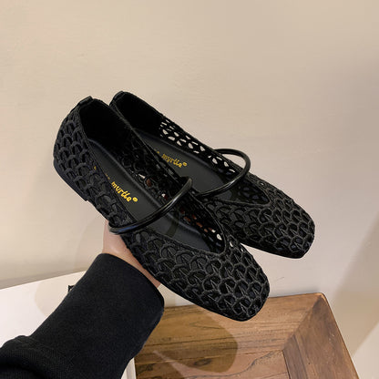 【シューズ】編み込みデザイン スクエアトゥ ワンストラップ バレエシューズ サンダル