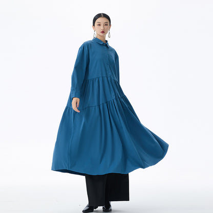 【ワンピース】フレンチ風 切替プリーツ  POLO襟 長袖ワンピース ゆるシルエット ロング【JZシリーズ】