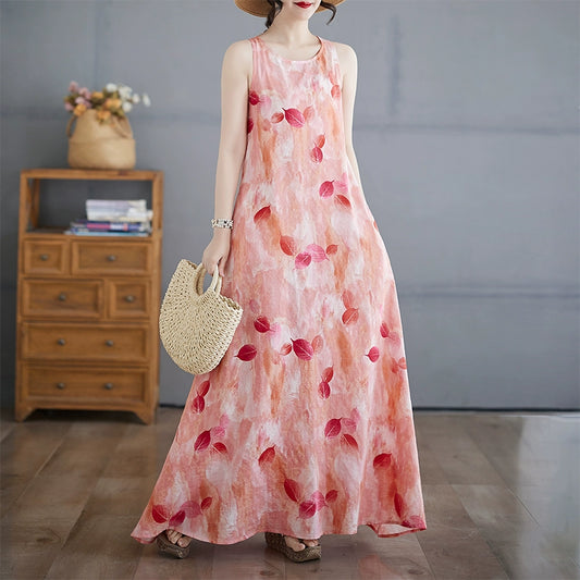 【ワンピース】ボヘミアン風 軽やか花柄 Aラインワンピース ノースリーブワンピース【SHシリーズ】