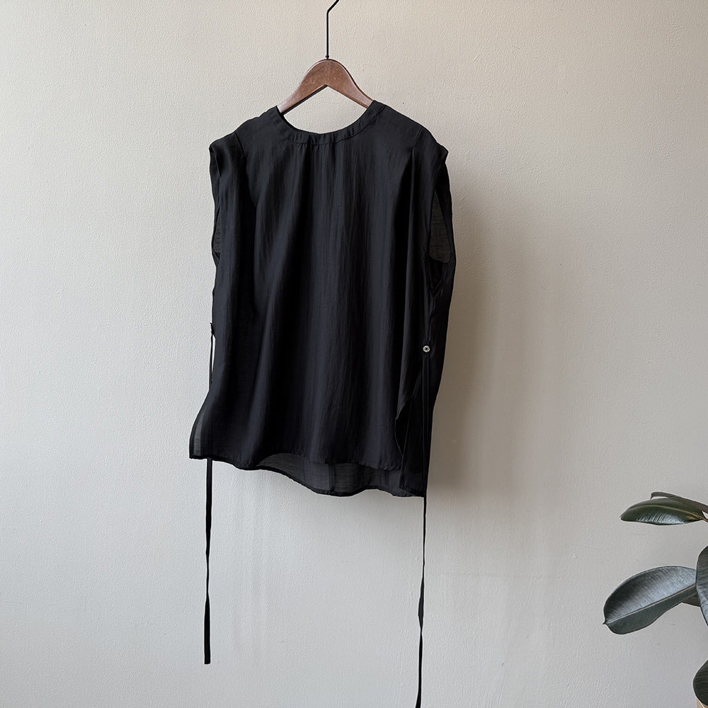 【トップス】夏 バックボタンデザイン ラウンドネック プルオーバー ノースリーブテンセルシャツ【JZシリーズ】