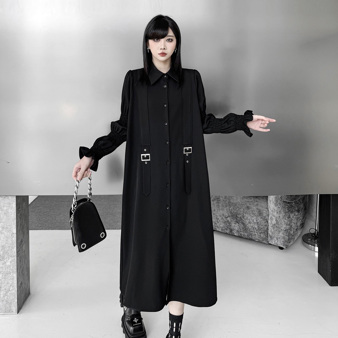 【ワンピース】ヨーロッパ風ダークカラーシャツワンピース レディース 襟付き ゆったり ミモレ丈【AHシリーズ】