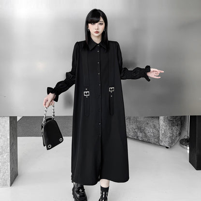 【ワンピース】ヨーロッパ風ダークカラーシャツワンピース レディース 襟付き ゆったり ミモレ丈【AHシリーズ】